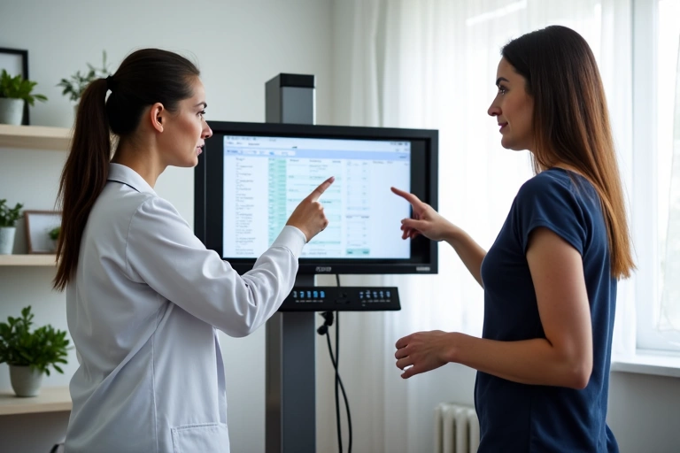 Dietitian using a body composition analysis machine with a client